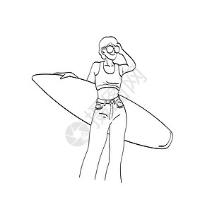 拿冲浪板女孩与白色背景线艺术上隔绝的画手 她身上戴着小型冲浪板插图式矢量手的太阳镜设计图片