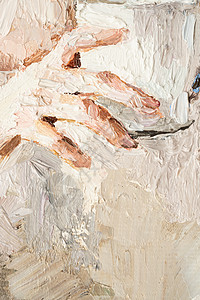 一个戴着白帽子的女孩 喝咖啡坐在咖啡馆里帆布绘画棕色奶油手指调色手臂杯子赭石女性背景图片