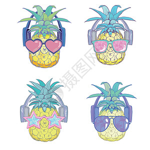 菠萝配有桑特拉斯和耳机 夏天的插座 矢量图高清图片