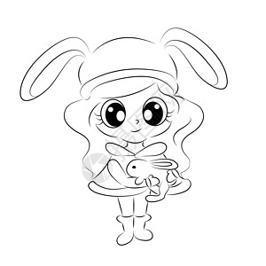 跳舞兔子着色书 可爱的女孩与兔子美丽的轮廓插图隔离在白色背景 一条线 儿童和成人的图画书 打印 T 恤 杯子 童装设计图片