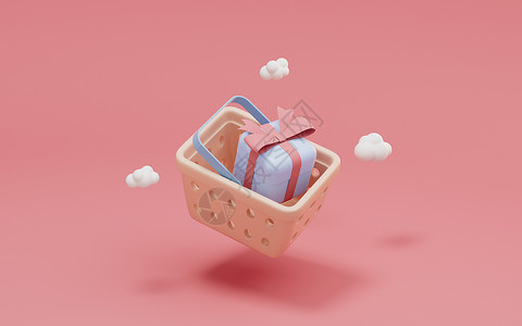 粉色篮子购物篮和礼品 3D捐赠粉色电子商务购买者销售网上购物卡通片产品反射营销礼物背景