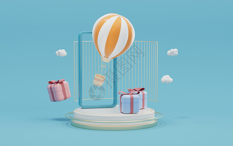 鸟笼气球蓝色背景的手机和礼品 3D送礼销售庆典购物包装惊喜电话卡通片周年问候语奖励背景