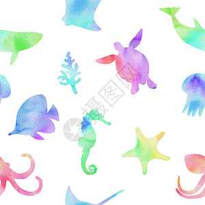 海马绘画水下彩色鱼类和动物在白底面上形成无缝模式 用于织物包装 世界海洋日 海洋生物背景