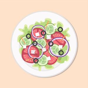 减肥代餐蔬菜沙拉健康饮食餐 减肥盘配生菜 西红柿 黄瓜 蔬菜 矢量图 简单的平面库存营养图像插画
