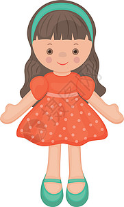 Doll 可爱孩子的玩具 穿着漂亮裙子的娃娃 白色背景孤立的矢量插图背景图片