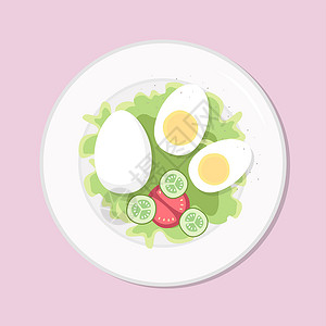 减肥代餐鸡蛋配沙拉健康饮食餐在盘子里 矢量图 简单的平面库存营养图像 鸡蛋健康食品插画