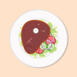 减肥怒餐红肉牛排配沙拉健康饮食餐在盘子里 矢量图 简单的平面库存营养图像 牛肉面包健康食品插画