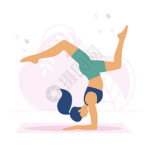 暖身火锅运动妇女练习瑜伽培训师短裤锻炼蓝顶瑜伽垫姿势运动服女孩粉色粉红色插画
