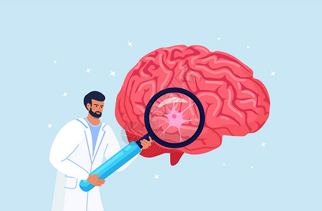 拿着有神经细胞的放大镜的科学家或医生 诊断和大脑研究 化学实验 心理学和神经学 关于老年痴呆症 痴呆症的医师教学设计图片