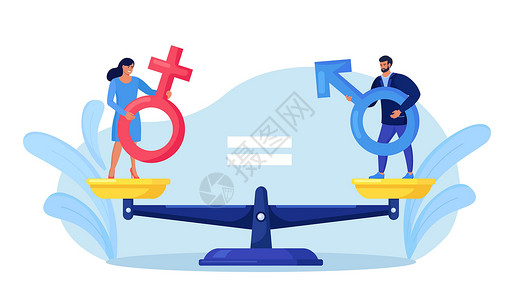 站在体重秤上男人和女人站在平衡的天平上 性别平等 没有性别歧视的劳动力 公平的工作机会和薪水 平等的职业机会 男女平等权利设计图片