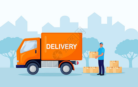 送货服务装有包裹箱的仓库工人 货运和航运服务公司 装卸商从卡车上卸货插画