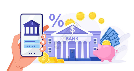 将来的你移动银行和财务管理 互联网支付 转账和存款 用于网上银行和会计的人类手持智能手机 管理财务以备将来投资设计图片