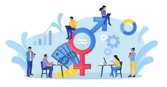 使用大性别标志的男人和女人 性别平等 没有性别歧视的劳动力 公平的工作机会和薪水 平等的职业机会 男女平等权利设计图片
