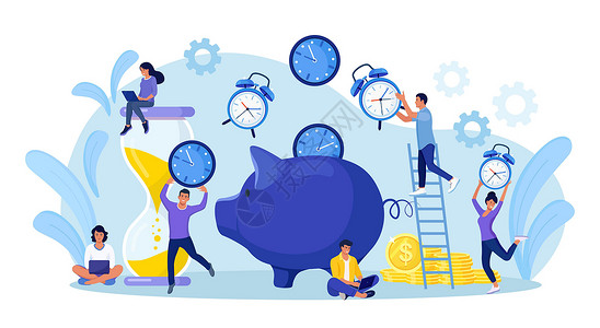 人们把时钟放入存钱罐 时间管理计划 截止日期 节省时间的技巧 技巧和技巧 用于计划 安排 工作组织和业务管理 时间就是金钱设计图片
