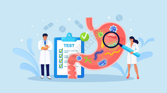 胃肠检查胃病 腹痛 肠胃消化不良 幽门螺杆菌 腹泻或便秘 胃肠病学 小医生诊断内脏疾病插画