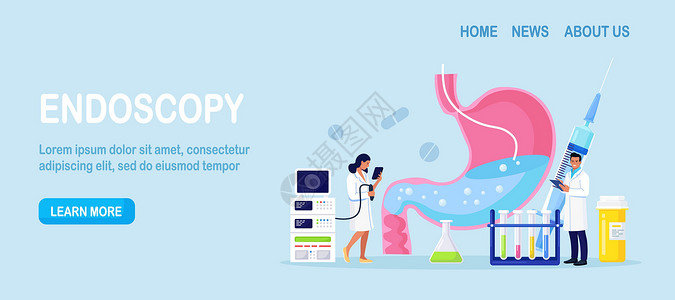 胃镜胃肠病学 小医生使用内窥镜诊断胃病 内窥镜的人胃 道系统检查疾病病人情况解剖学教育膀胱机器人疼痛器官药品插画