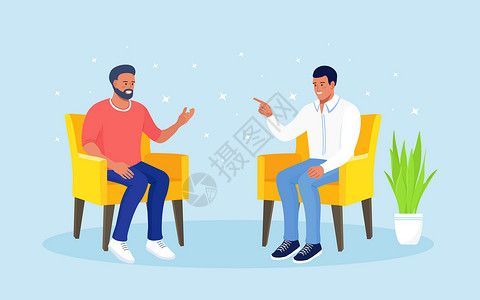 年轻人聊天年轻人坐在扶手椅上聊天 男人说话 同事交流 朋友的讨论 团队合作 社交网络 对话和对话 人们提问 回答问题插画