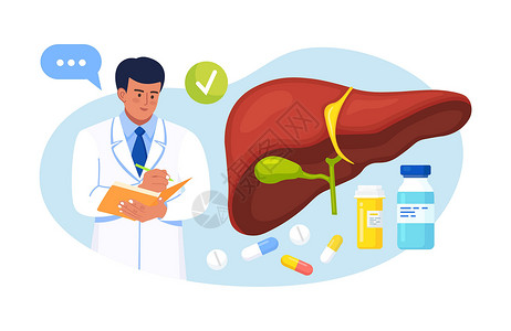 医生检查人类肝脏是否存在肝炎 癌症 肝硬化 医生写肝脏检查结果 内脏医学实验室研究 诊断和治疗插画