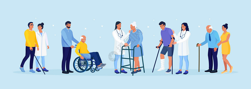 老年助步器坐在轮椅上的残疾人 女人正在走路 靠在矫形助行器上 盲人病人拄着拐杖走路 腿断了的家伙拄着拐杖 残疾人 复原保健伤害椅子女士医生插画