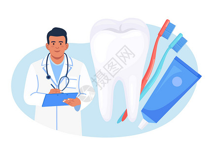 医生牙医刷病人牙齿 去除牙菌斑 治疗蛀牙 口腔问题 牙齿护理和卫生 保护人类牙齿免受龋齿和健康预防的口腔医学职业插画