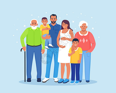幸福的大家庭站在一起 奶奶 爷爷 妈妈 爸爸 孩子们 微笑的亲戚聚集在一起 多代关系插画