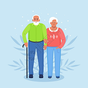 手牵着手的老年夫妇 前辈祖母和祖父在一起 祖父母 老胡子男人和女人 幸福的家庭插画