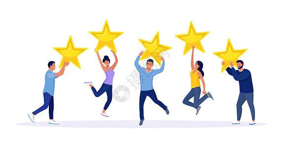 五颗星评级 快乐的跳跃者将评论星举过头顶 客户评价 客户反馈 满意度插画