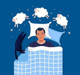 床上跳年轻人患有失眠症 躺在床上试图入睡并数羊的人 睡眠障碍 失眠 精神问题的男性角色插画