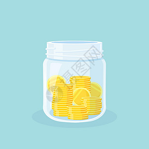 透明钱素材储蓄 玻璃钱罐装满金质硬币 在货币箱中节省现金 增长 收入 投资 财富概念设计图片