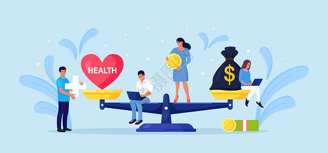 预算平衡金钱和健康平衡 医疗保健 规模上的财富收入 一堆现金与规模上的红心 生活方式和工作的不平衡 小人物比较商业压力和健康生活插画
