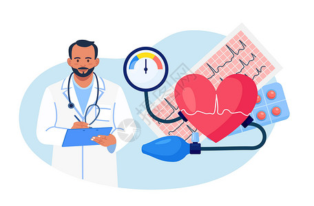 高血压 低血压病 心脏病检查的医生写作结果 有血压计 心电图 药物的大心脏 测量患者高血压的心脏病专家动脉测试攻击控制速度治疗解设计图片