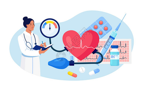 高血压 低血压病 心脏病检查的医生写作结果 与血压计 心电图 注射器 药物的大心脏 测量患者高血压的心脏病专家背景图片