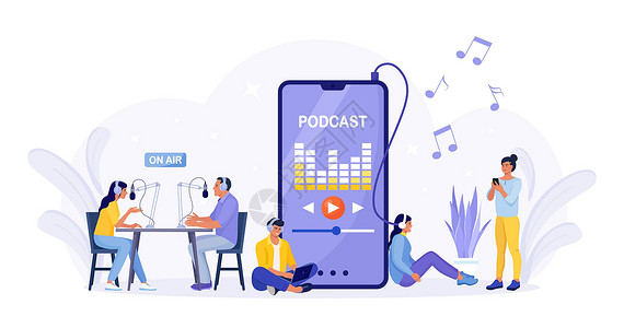 播音主持培训收音机在工作室里用麦克风 耳机主持录制播客 用智能手机学习的男人和女人 听播客 播客 在线广播或采访概念 网络研讨会 在线培训记插画