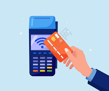 人手持有信用卡或借记卡 靠近POS终端支付 NFC技术交易的金额是1 000万美元插画