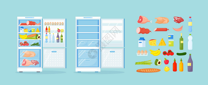 放肆开吃开空冰箱 用不同的健康食品打开 厨房的冰箱 架子上有肉的冷冻柜插画