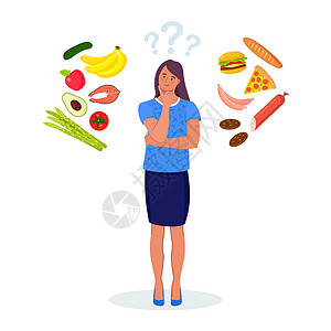 蔬菜地女人在健康和不健康的食物之间做出选择 快餐和平衡菜单比较 节食 好的和坏的营养之间的选择诱惑女性女士重量蔬菜饮食数字垃圾卡通片小设计图片