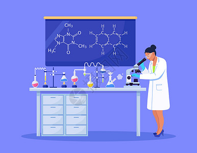 创新实验年轻的女科学家在实验室里通过显微镜进行化学研究 微生物分析或医学测试 矢量图插画