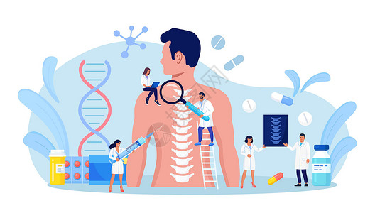 骨片手串患有脊柱疼痛的人来访整骨医生 小医生检查病人脊柱的 x 光片 腰酸 风湿 畸形 脊椎炎的治疗 脊柱脊柱疾病诊断插画