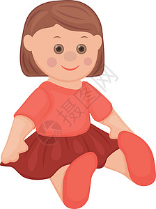 Doll 可爱儿童玩具玩偶 一个穿着漂亮裙子的坐娃娃 用白色背景隔离的矢量插图背景图片