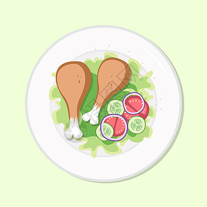减肥怒餐鸡鼓配沙拉健康饮食餐在盘子里 矢量图 简单的平面库存营养图像 在桌上的鸭腿健康食品插画