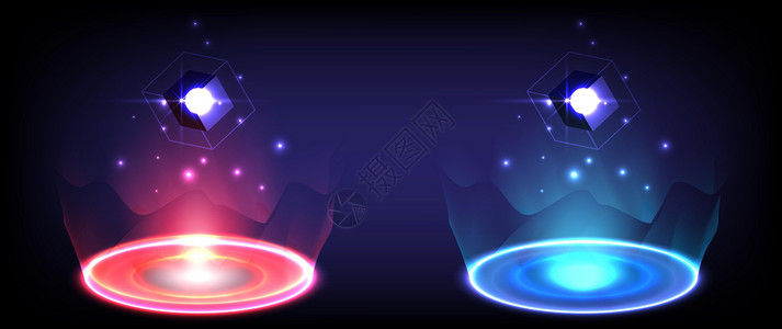 发光的 HUD 中的科幻数字高科技收藏 科学未来派的全息图门户 奇幻游戏中的魔法传送门 抽象技术 圆形传送讲台 红色和蓝色霓虹灯背景图片