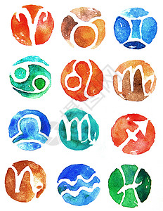 水瓶座座水彩色zodiac标志图标集背景