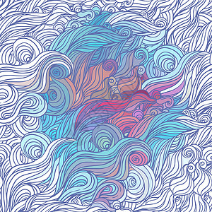 矢量颜色抽象的手绘毛发图案 有波浪和云彩纺织品紫色墙纸装饰品卷曲海浪海洋线条插图漩涡背景图片