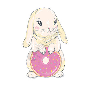 兔子面用甜甜圈气球做的可爱小兔子 画着矢量手食物新生卡片饮食标识婴儿海报女孩卡通片兔子插画