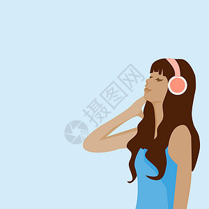 手插入头发妇女佩戴耳机听蓝背景的音乐 并使用耳机插画