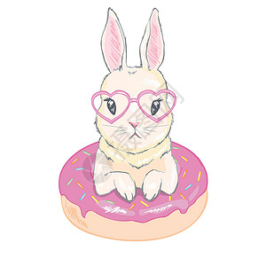 兔子面用甜甜圈气球做的可爱小兔子 画着矢量手饮食蛋糕卡通片生日海报派对食物衬衫星星奶油插画