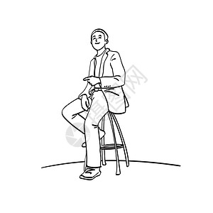 坐在椅子上的商务男性坐在椅子上的艺术线商务人士 指向空白空间以展示在白色背景上被孤立的插图矢量手所绘制的东西插画