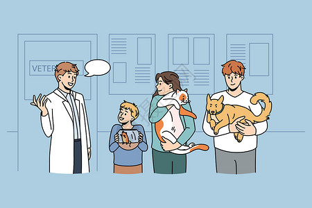 男人与猫作为兽医与动物一起工作的概念; 研究动物概念插画