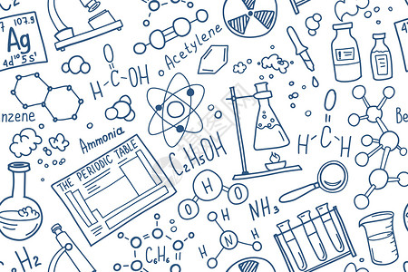 化学符号图标集 科学主题涂鸦设计 教育和学习理念 回到学校笔记本的粗略背景 而不是垫子 速写本手绘插图试管生物学记事本线条化学品背景图片