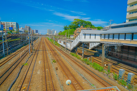 旭川本地线路通往横滨站的线组城市车辆交通机车铁路蓝天绿色车站建筑群电力背景